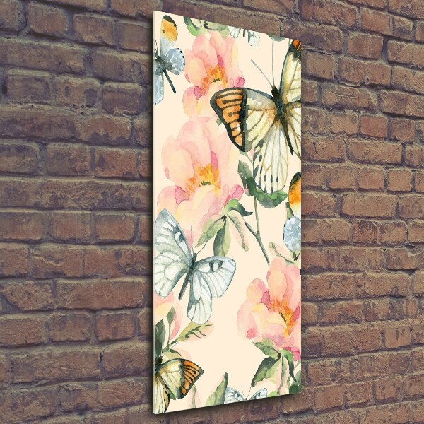 Quadro stampa su vetro verticale Rose e farfalle