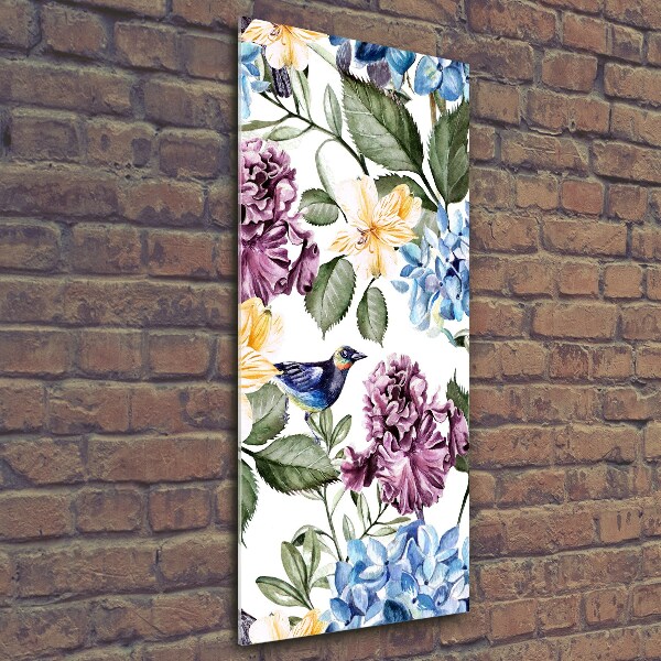 Quadro in vetro verticale Fiori e uccelli