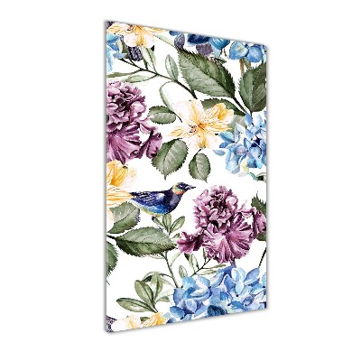 Quadro in vetro verticale Fiori e uccelli