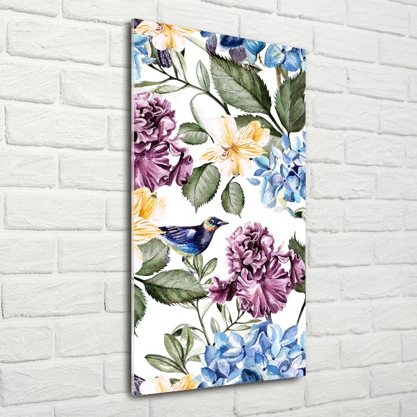 Quadro in vetro verticale Fiori e uccelli