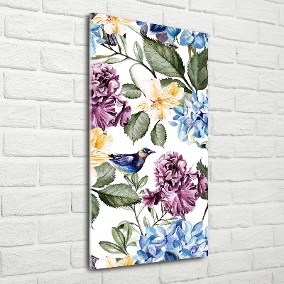 Quadro in vetro verticale Fiori e uccelli