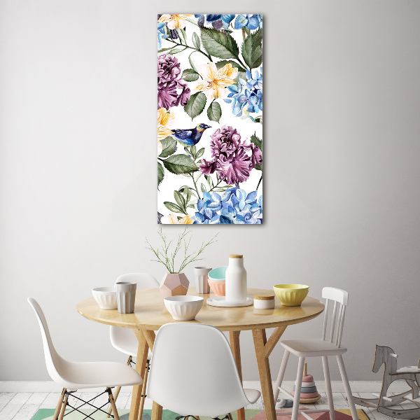 Quadro in vetro verticale Fiori e uccelli