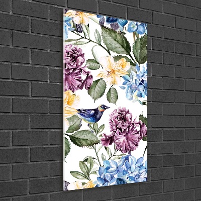 Quadro in vetro verticale Fiori e uccelli