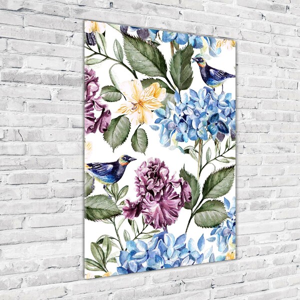 Quadro in vetro verticale Fiori e uccelli