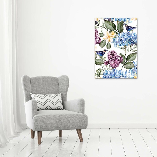 Quadro in vetro verticale Fiori e uccelli
