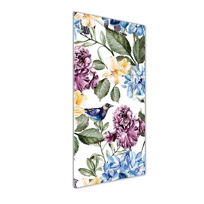 Quadro in vetro verticale Fiori e uccelli