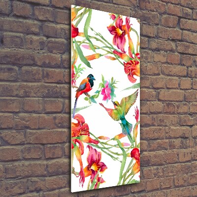 Quadro in vetro verticale Uccelli e fiori