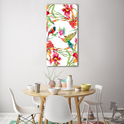 Quadro in vetro verticale Uccelli e fiori
