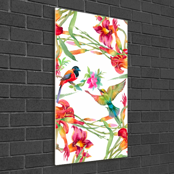 Quadro in vetro verticale Uccelli e fiori