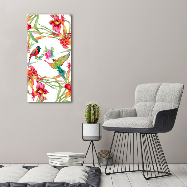 Quadro in vetro verticale Uccelli e fiori