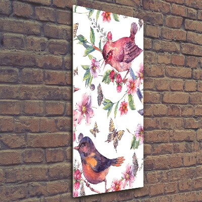 Quadro stampa su vetro verticale Uccelli, farfalle, fiori