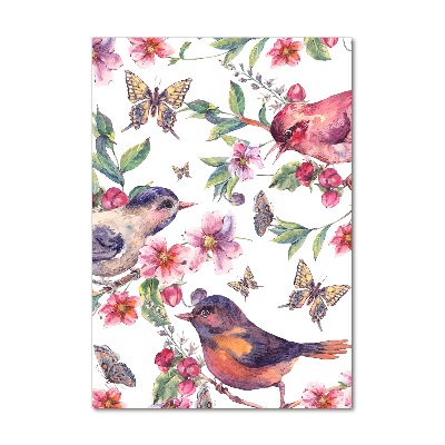 Quadro stampa su vetro verticale Uccelli, farfalle, fiori