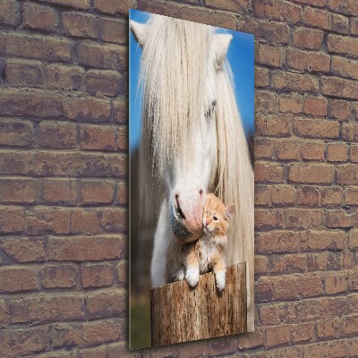 Quadro di vetro verticale Cavallo bianco con un gatto