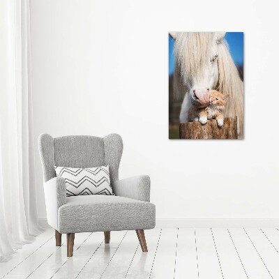 Quadro di vetro verticale Cavallo bianco con un gatto