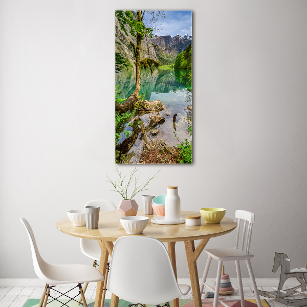 Quadro stampa su vetro verticale Lago tra le montagne