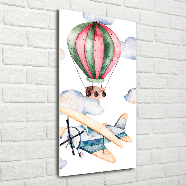 Quadro di vetro verticale Palloncini e aeroplani