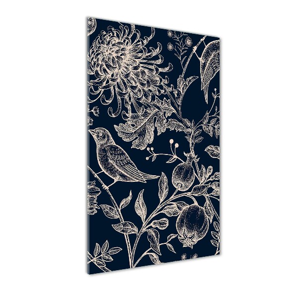 Quadro di vetro verticale Fiori e uccelli