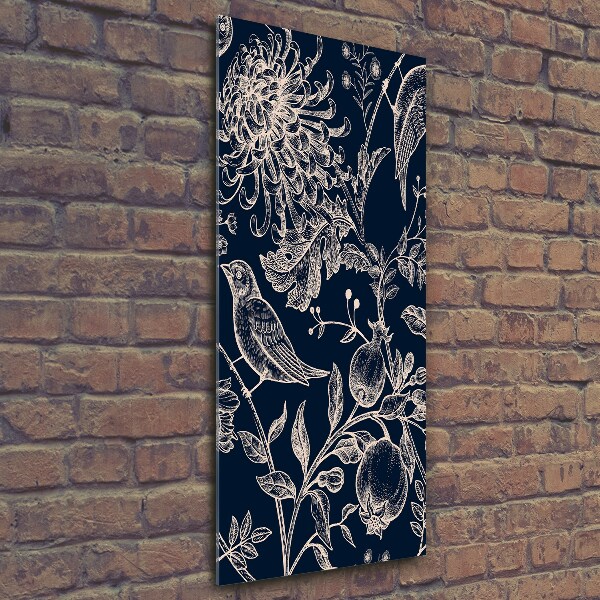 Quadro di vetro verticale Fiori e uccelli