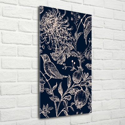 Quadro di vetro verticale Fiori e uccelli