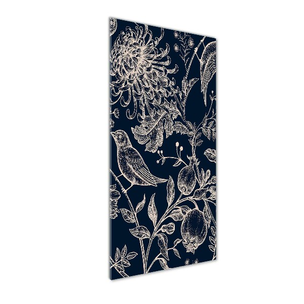 Quadro di vetro verticale Fiori e uccelli