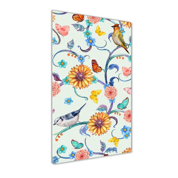 Quadro di vetro verticale Uccelli, farfalle, fiori