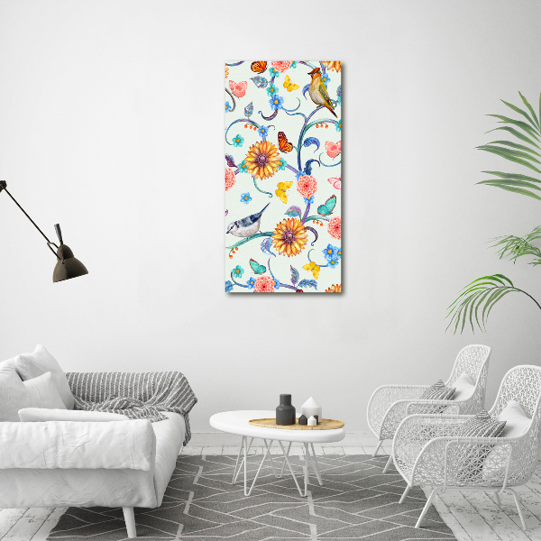 Quadro di vetro verticale Uccelli, farfalle, fiori