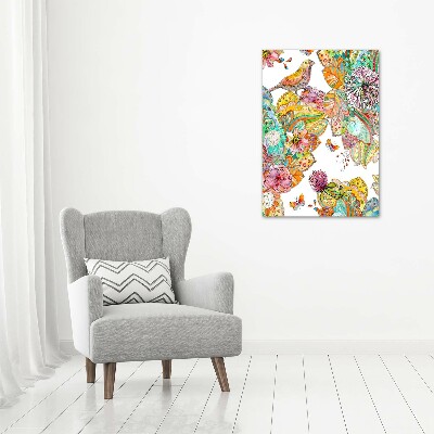 Quadro vetro verticale Uccelli, farfalle, fiori