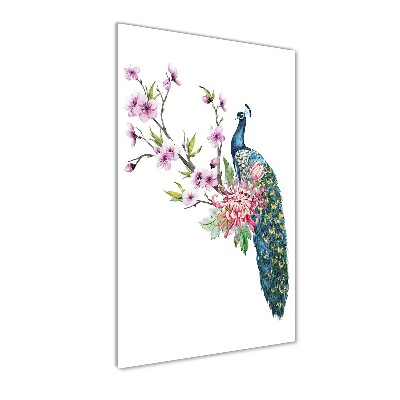 Quadro di vetro verticale Pavone e fiori