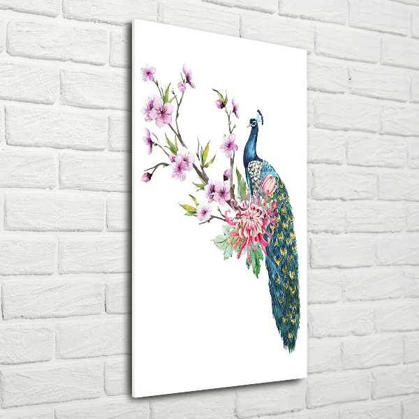 Quadro di vetro verticale Pavone e fiori