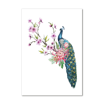 Quadro di vetro verticale Pavone e fiori