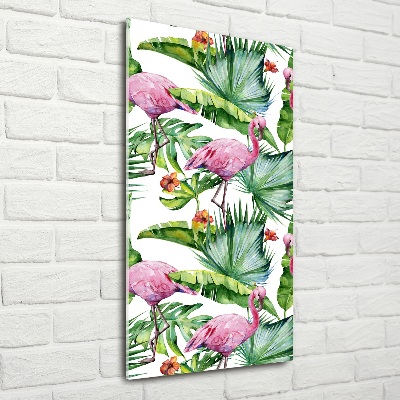 Quadro vetro verticale Foglie e fenicotteri