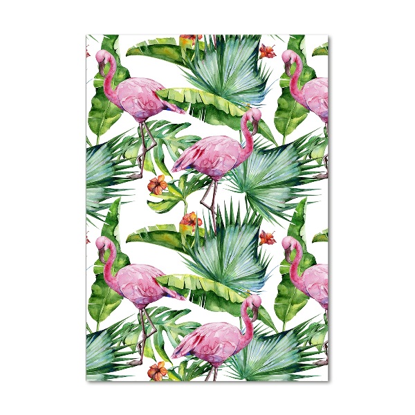 Quadro vetro verticale Foglie e fenicotteri