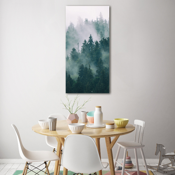 Quadro vetro verticale Nebbia sulla foresta
