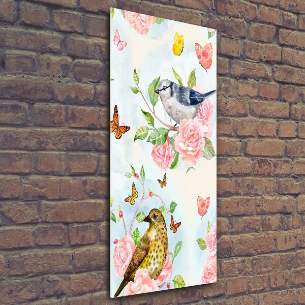 Quadro di vetro verticale Uccelli, farfalle, fiori