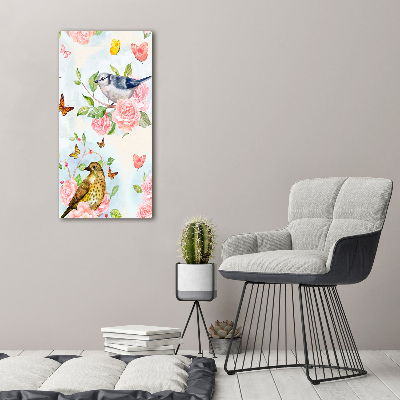 Quadro di vetro verticale Uccelli, farfalle, fiori