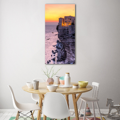 Quadro in vetro verticale Case sulla scogliera