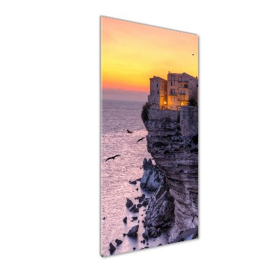 Quadro in vetro verticale Case sulla scogliera