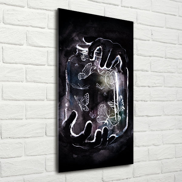 Quadro di vetro verticale Farfalle in un barattolo