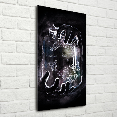 Quadro di vetro verticale Farfalle in un barattolo
