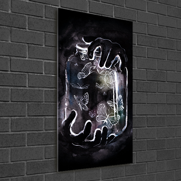 Quadro di vetro verticale Farfalle in un barattolo