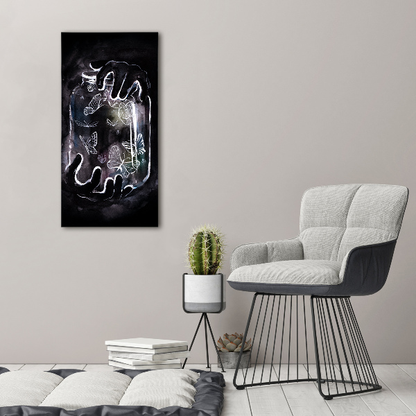 Quadro di vetro verticale Farfalle in un barattolo