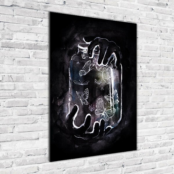 Quadro di vetro verticale Farfalle in un barattolo