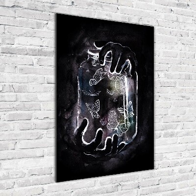 Quadro di vetro verticale Farfalle in un barattolo