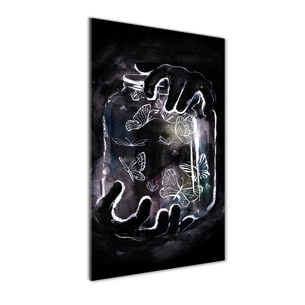 Quadro di vetro verticale Farfalle in un barattolo