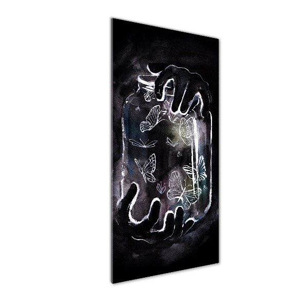 Quadro di vetro verticale Farfalle in un barattolo