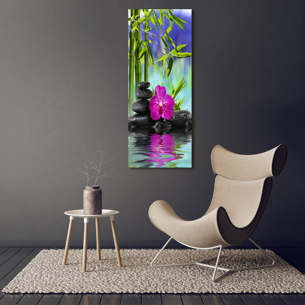 Quadro di vetro verticale Orchidea e bambù