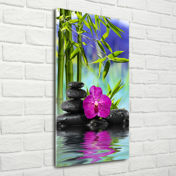 Quadro di vetro verticale Orchidea e bambù