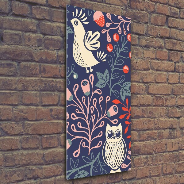 Quadro stampa su vetro verticale Gallo, gallina, gufo