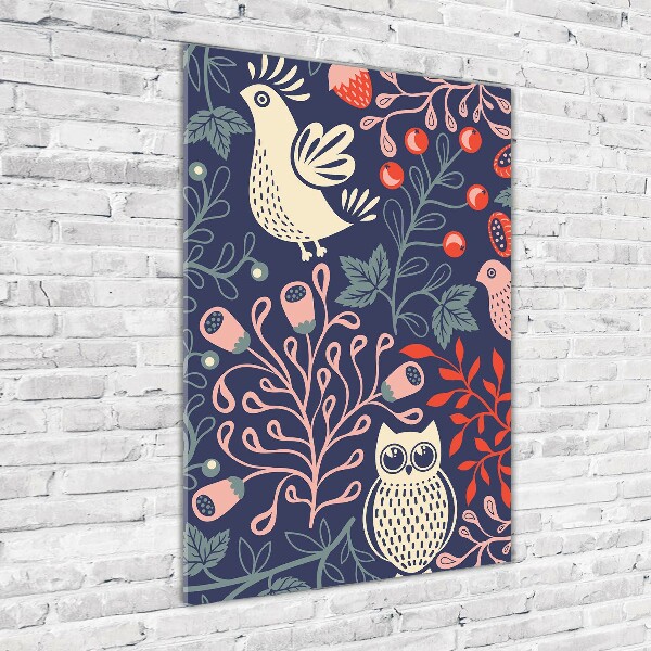 Quadro stampa su vetro verticale Gallo, gallina, gufo