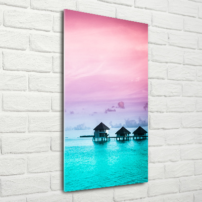 Quadro di vetro verticale Bungalow sull'acqua